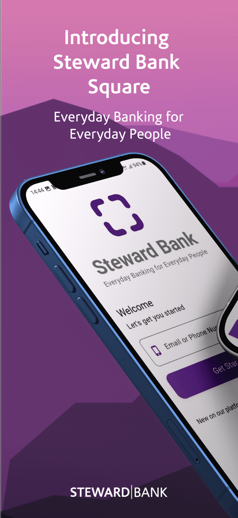 Steward Bank Square mobile banking app introductory screen showing the welcome login page on an iPhone.