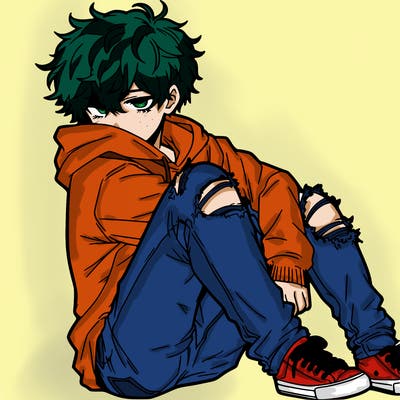 a male hoddie ripped jeans messy hair anime