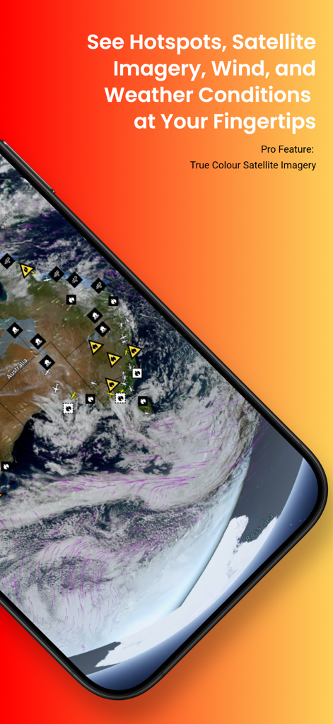 Bushfire.io: Natural Disasters - Bushfire.io mobile app showing true color satellite imagery and weather conditions map.