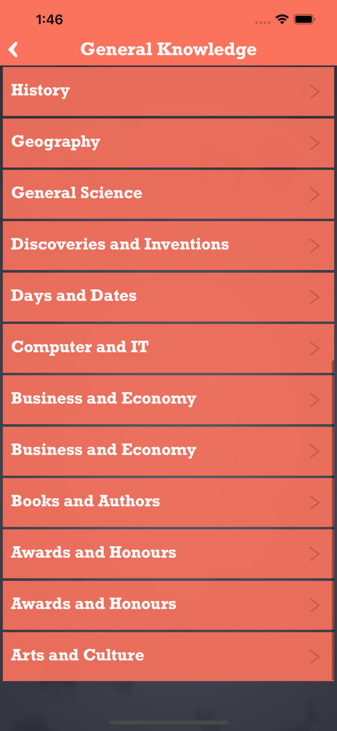 4000+ World General Knowledge - Pantalla móvil que muestra un menú de categorías de conocimientos generales como historia, geografía y ciencia
