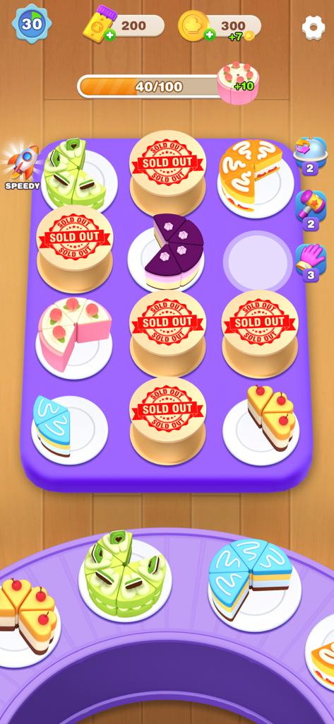 Cake Sort Master-Color Puzzle - Una pantalla de juego de rompecabezas de clasificación de pasteles en 3D que muestra coloridas rebanadas de pastel siendo emparejadas y unidas en un tablero morado.
