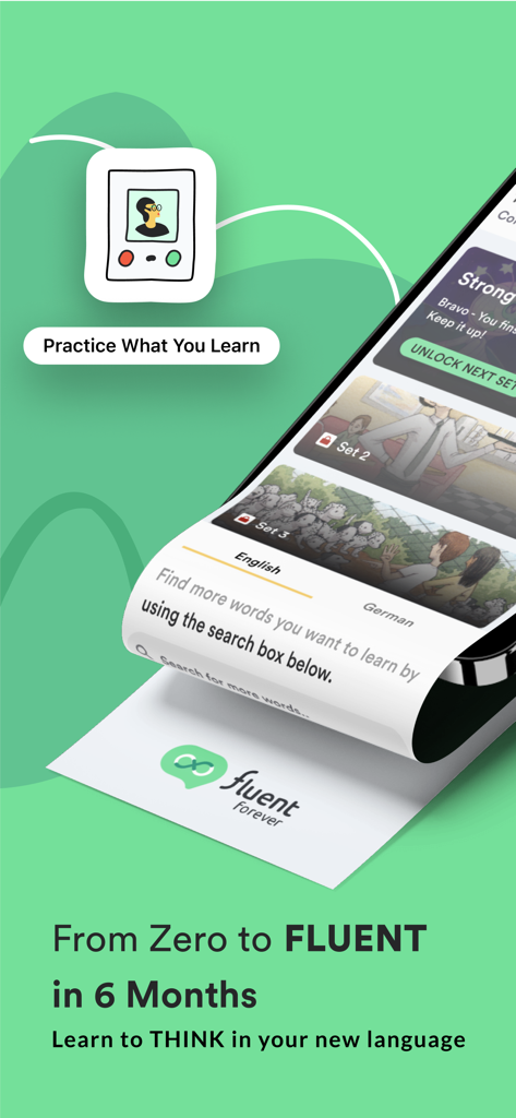 Promotional graphic for Fluent Forever app showing the interface and a promise to reach fluency in 6 months
