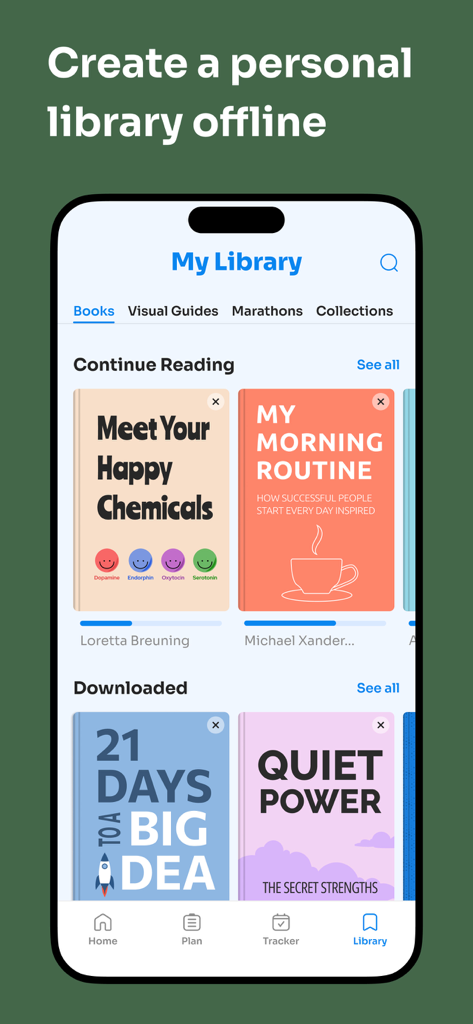 Retell - Key Ideas in 15 Mins - Retell app interface showing the My Library screen with book summaries for offline reading
