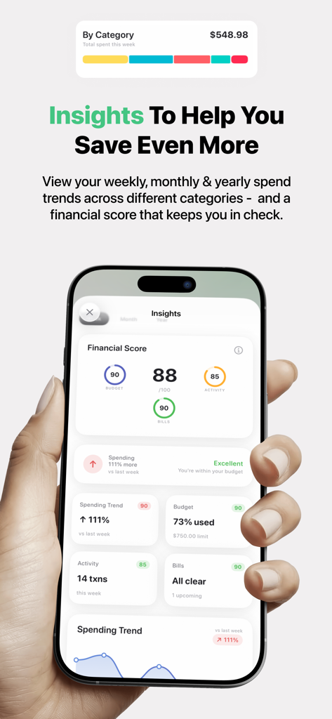 Mint: Budget & Expense Tracker - Mint budget app showing a financial score dashboard with spending trends and budget tracking insights on an iPhone.