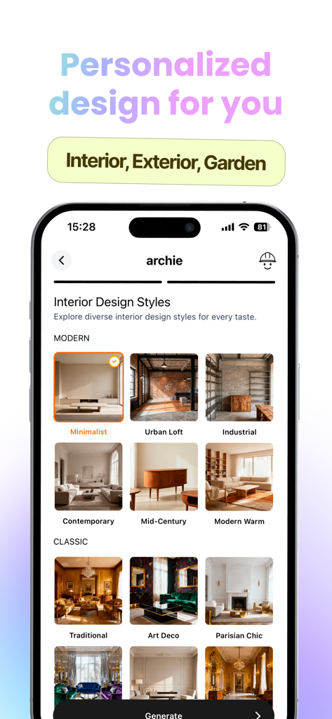 Archie – AI Interior Design - Archie AI interior design app screen showing modern and classic room styles