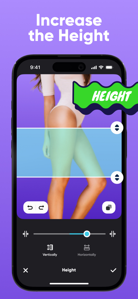 Body Editor & Face Filters - Interfaz de edición de fotos móvil mostrando la función de aumento de altura para alargar las piernas en un smartphone