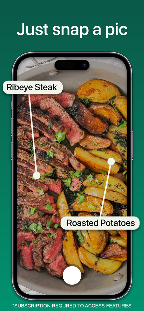 Clair - AI Calorie Tracker - Interfaz de la aplicación Clair AI Calorie Tracker identificando filete y patatas a partir de una foto de comida.