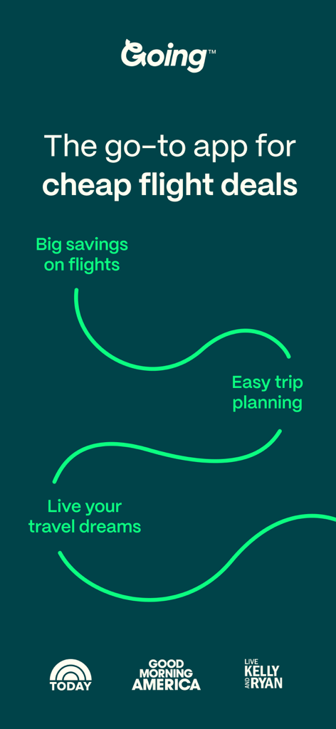 Promotional screen for the Going app for finding cheap flight deals and big savings on airfare.