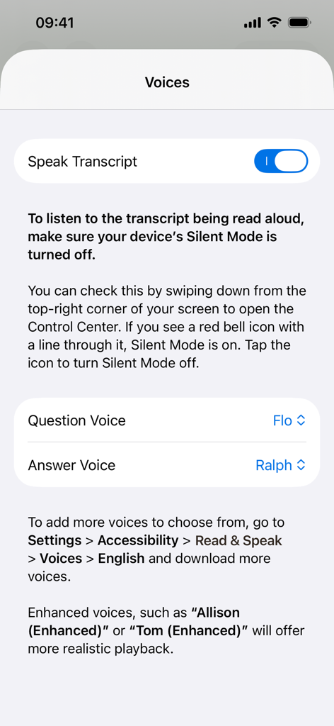 TranscriptPad - Review Depos - TranscriptPad app interface showing the voice settings for the Speak Transcript feature with options to customize question and answer voices.