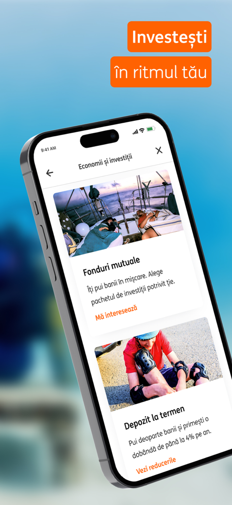 Smartphone affichant les fonctionnalités d'investissement ING HomeBank pour l'épargne et les fonds communs de placement.