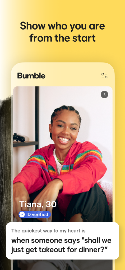 Bumble dating app screenshot showing a verified user profile with a personality prompt about dinner preferences