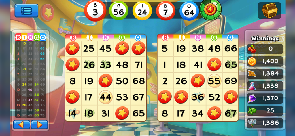 Bingo Pop gameplay screen showing two active bingo cards with star daubs and a rewards panel