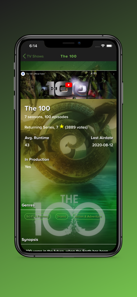 123Play - Pantalla de aplicación móvil que muestra información detallada de la serie de televisión The 100, incluyendo temporadas, calificaciones y géneros