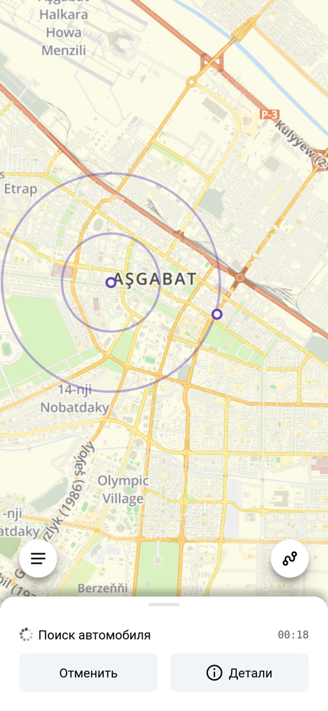 TM Express - TM Express taxi app map showing car search in Ashgabat