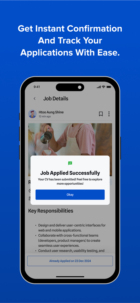 iorUp app screen showing a job applied successfully confirmation pop-up on a job details page.