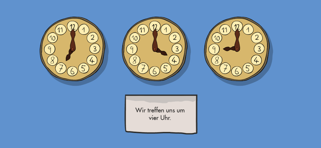 Learning German Mumbro Zinell - 時刻の学習のための3つのアナログ時計とドイツ語の文章