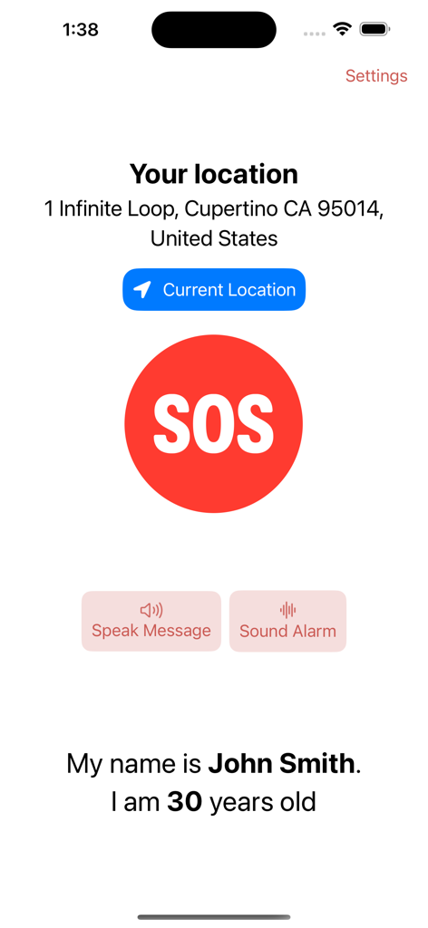 Interface of the Save Me app showing a large red SOS button, current location address, and buttons for Speak Message and Sound Alarm.