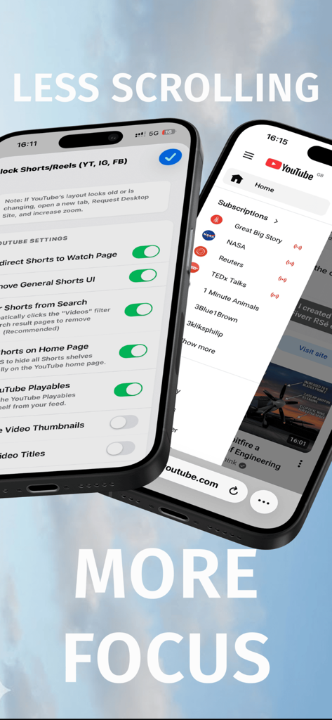 Short Video Hider - Short Video Hider app showing settings to block YouTube shorts and Instagram reels in Safari.