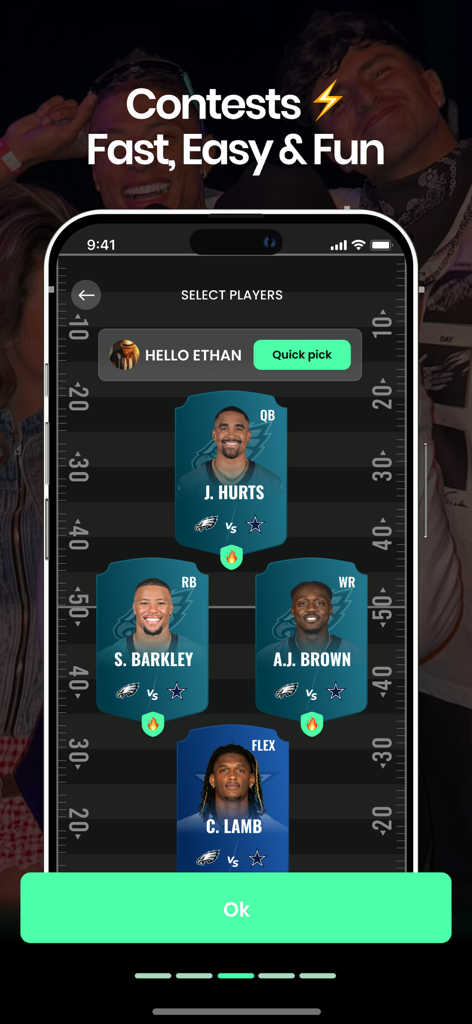 FanUp - Daily Fantasy Sports - Interfaz móvil de la app FanUp mostrando una pantalla de selección de jugadores de deportes de fantasía rápida y fácil
