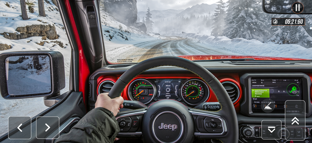 Crazy Jeep Drive Offroad Games - Vista de cabina en primera persona de un Jeep 4x4 conduciendo por un sendero de montaña nevado