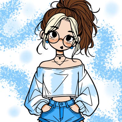 girl with a messy ponytail glasses a baggy crop top and jean shorts