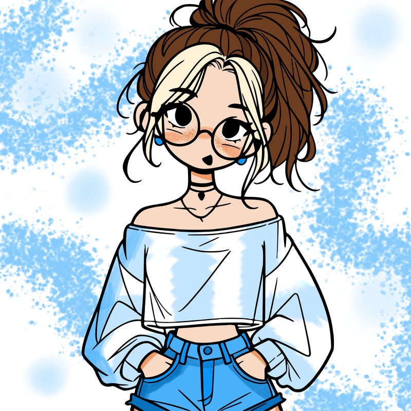 girl with a messy ponytail glasses a baggy crop top and jean shorts