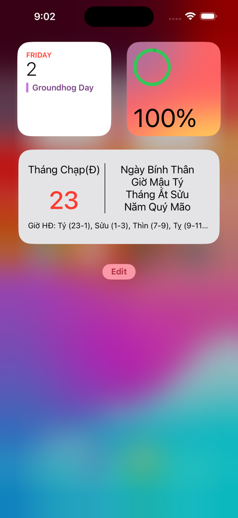 Schermata Home dell'iPhone che mostra il widget del calendario lunare Am Lich VN