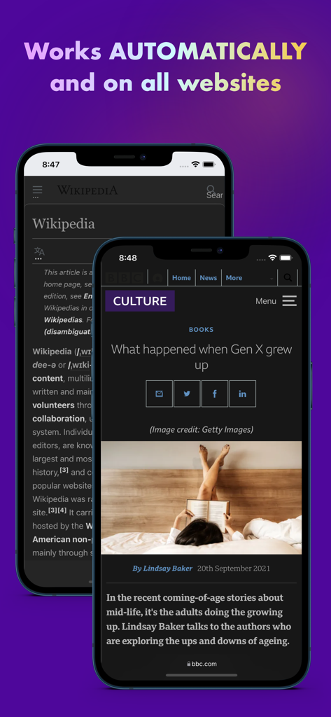 Browser - Dark Mode for Safari - Dos iPhones mostrando el modo oscuro en los sitios web de Wikipedia y BBC usando una extensión de Safari