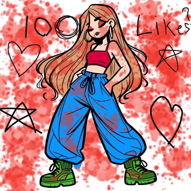 girl in baggy pants crop top and long hair