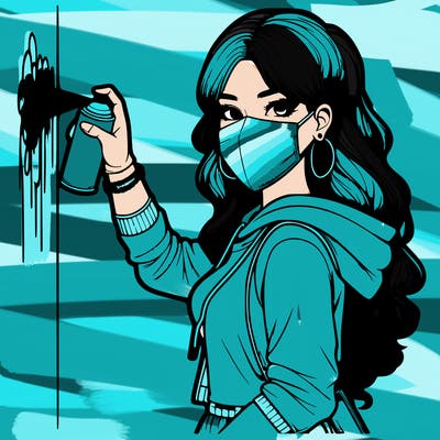 realistic girl with mask spray painting a wall