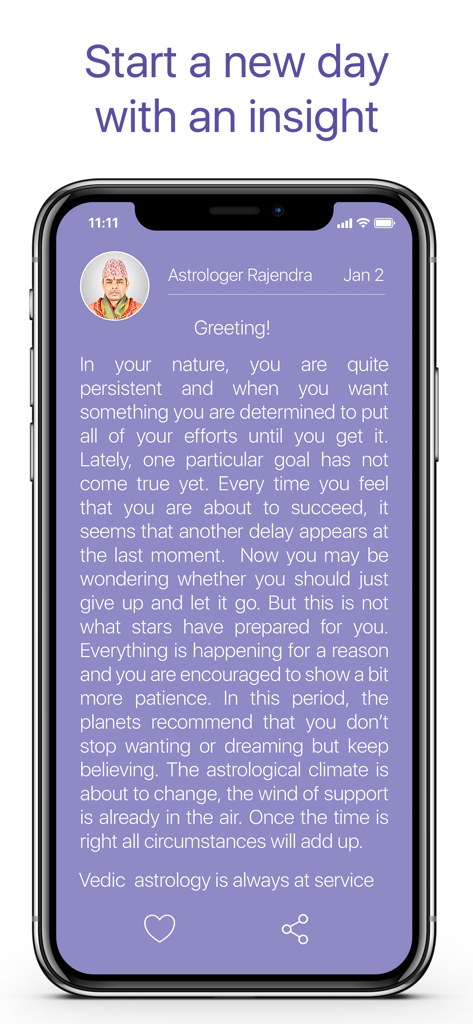 Daily Horoscope 2024 by Yodha - Yodhaアプリの占星術師Rajendraからの毎日のパーソナライズされたヴェーダ星占いメッセージを表示するスマートフォン画面。