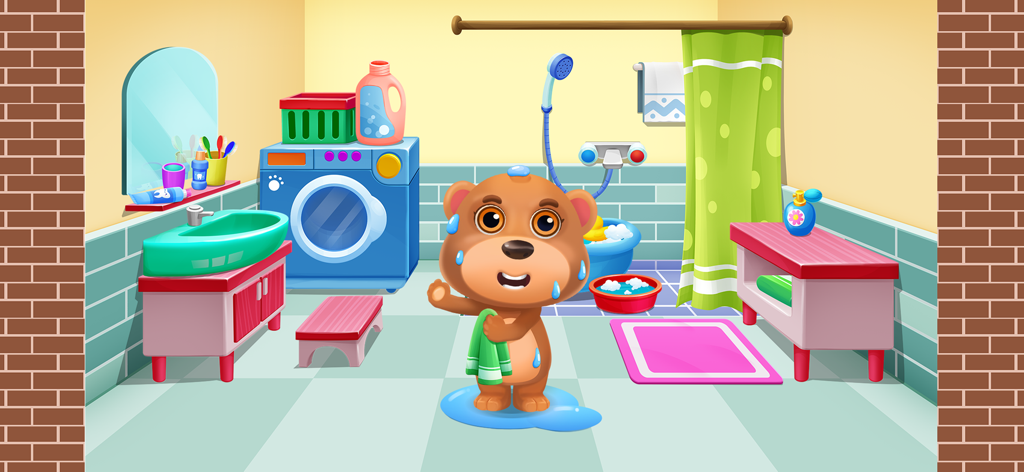 Panda Care: Panda's Life World - Cute wet panda cub holding a green towel in a colorful bathroom scene