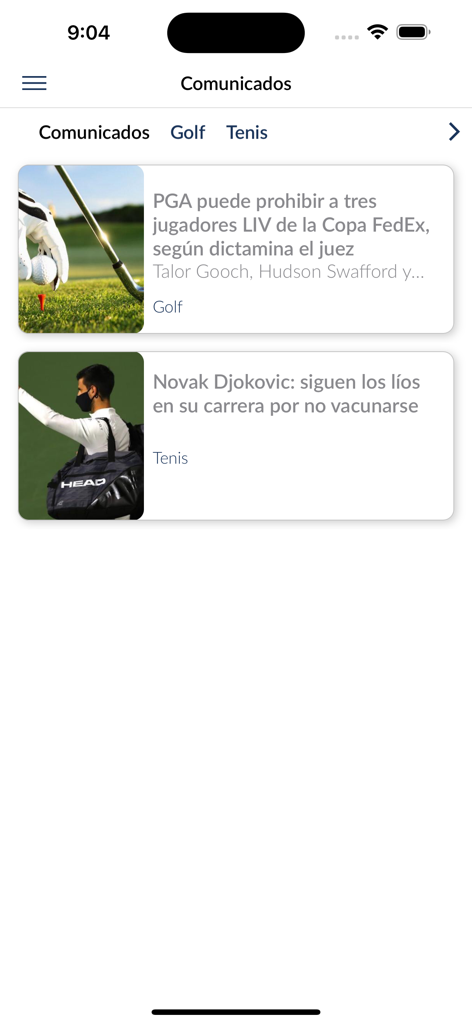 Regency Club - Regency Club app screen displaying golf and tennis news updates