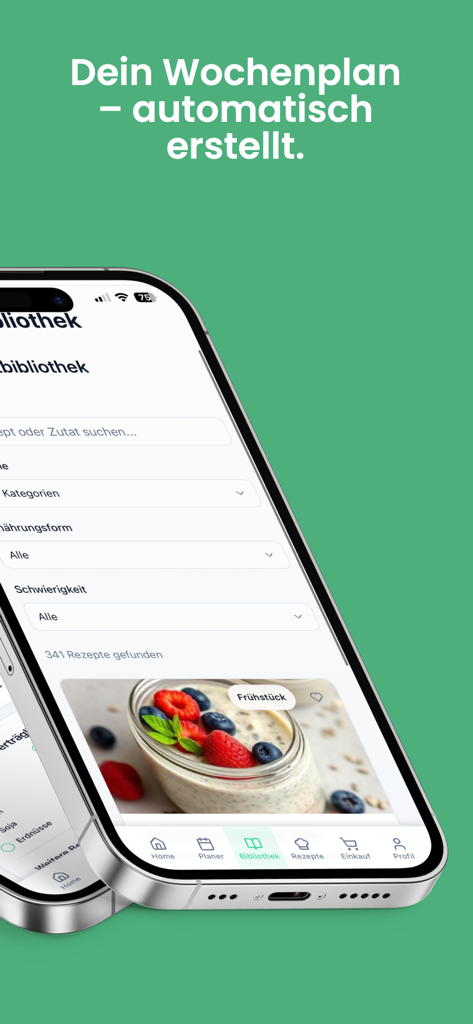 Meal Plan - Dein Essensplaner - Interface of the Meal Plan AI app showing a recipe library with a breakfast suggestion and search filters