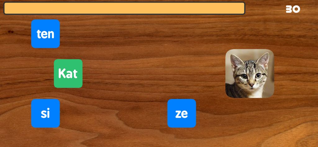 Schreiben mit Silben - Interface de jogo de aprendizado de sílabas alemãs mostrando um gato e blocos de sílabas