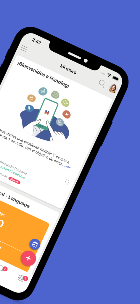 Handing - Handing mobile app interface showing the Mi Muro screen with a school announcement and welcome message in Spanish.