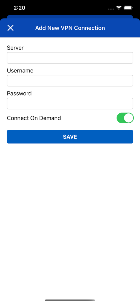 Interfaz para añadir una nueva conexión VPN mostrando los campos de entrada de nombre de usuario y contraseña del servidor