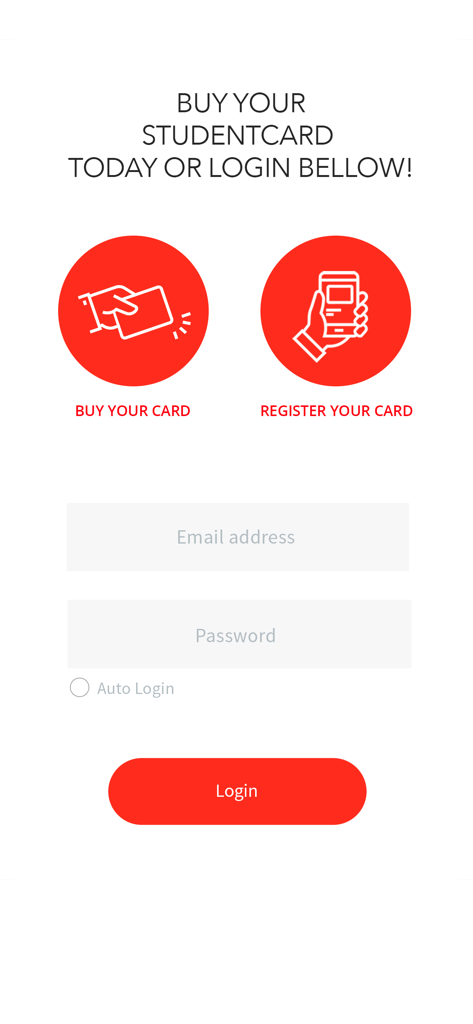 StudentCard - Login and registration screen for the StudentCard mobile app showing options to buy a card register a card and a login form