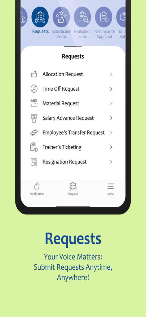 Team MELI - Team MELI app interface showing a list of employee request options including time off and material requests