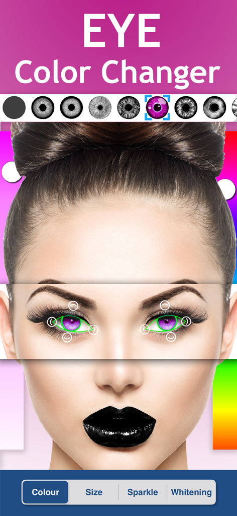 Strumento cambia colore occhi nell'app Perfect Face Photo Editor che mostra una donna con occhi viola e rossetto nero