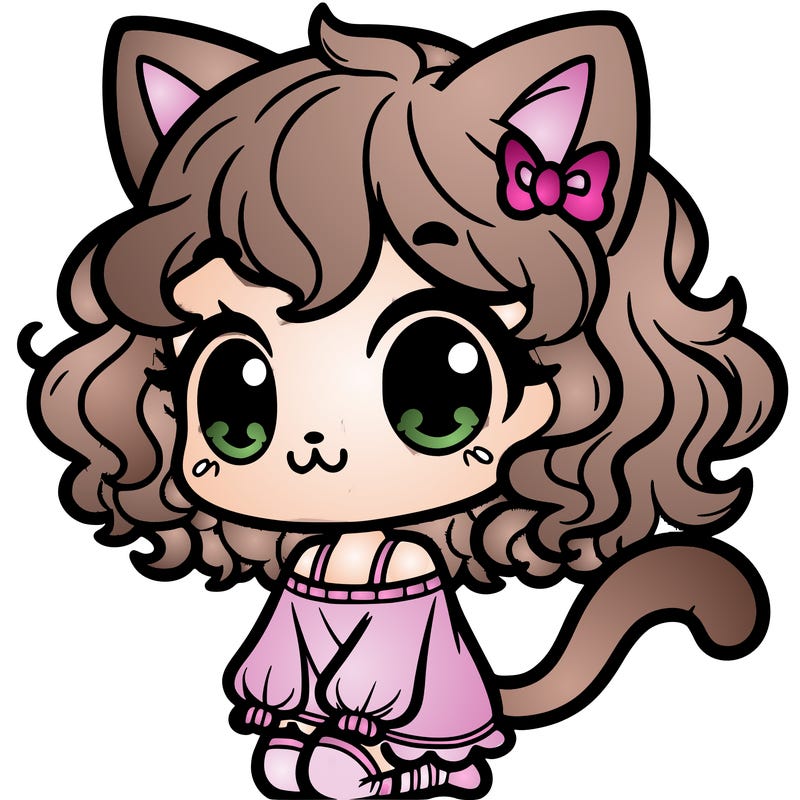 cute cat girl with cat ears and curly hair and a cat tail