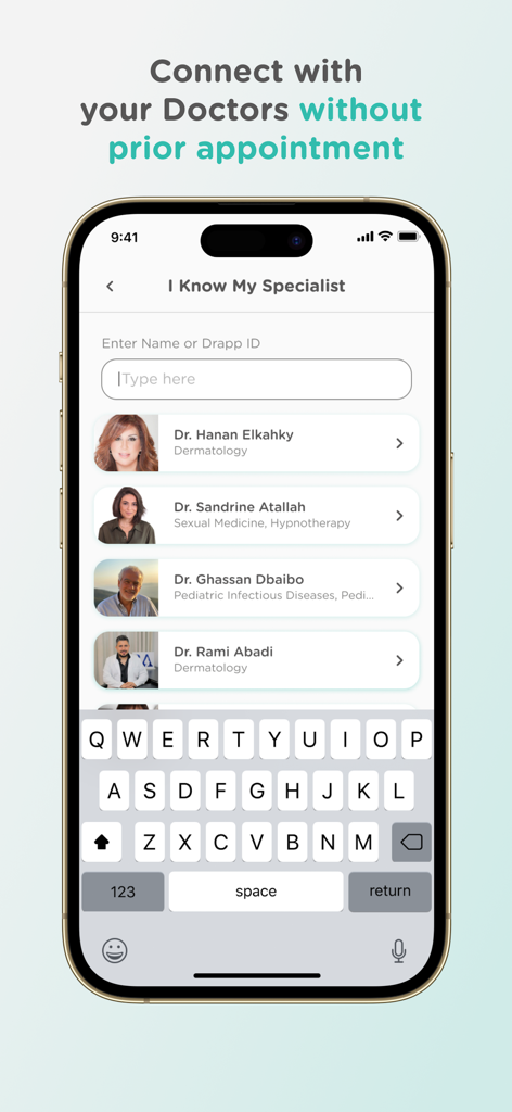 DRAPP –Telehealth Made Easy - DRAPP app screen showing a searchable list of medical specialists for instant consultations without an appointment.