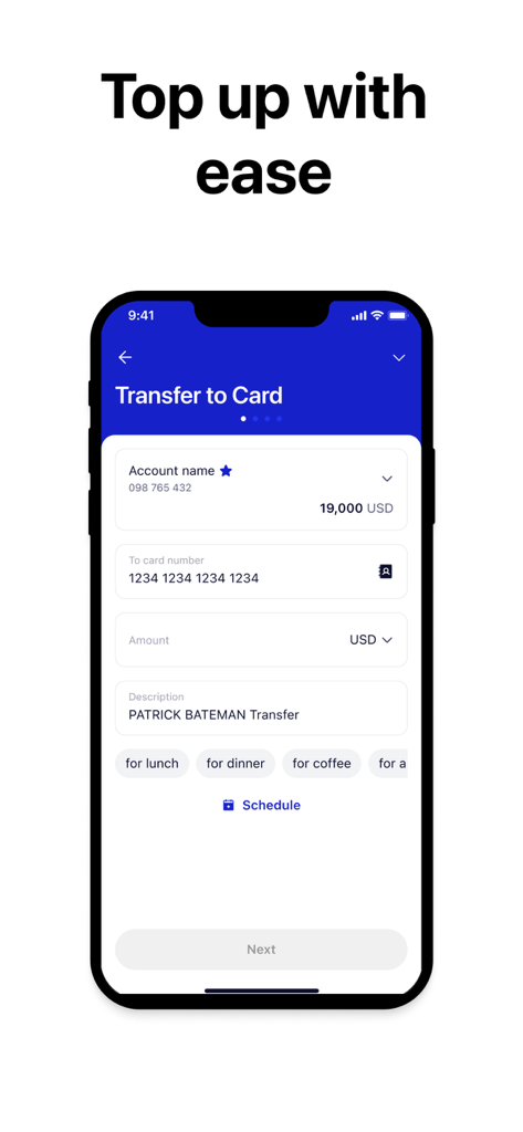 xBank app - xBank app interface for transferring money to a card with easy input fields