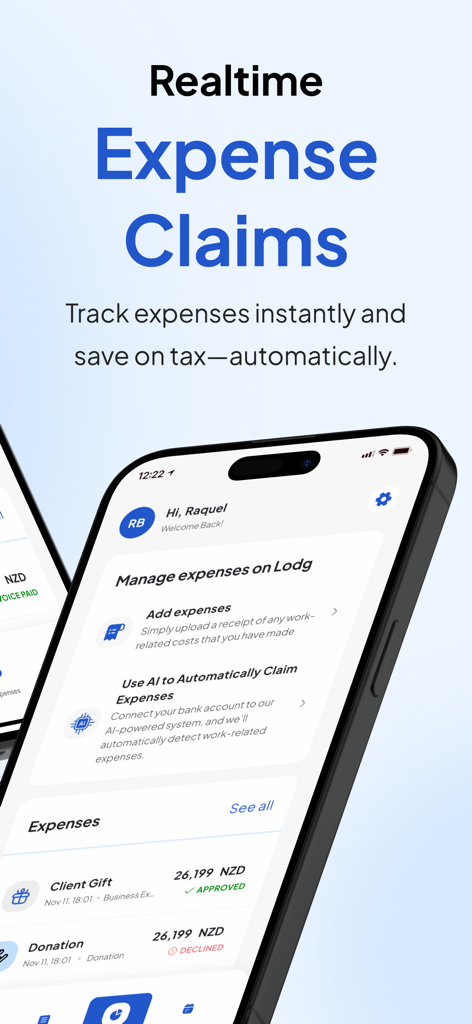 Lodg NZ - Lodg NZ mobile app screen showing real-time expense claims and AI-powered expense tracking features.