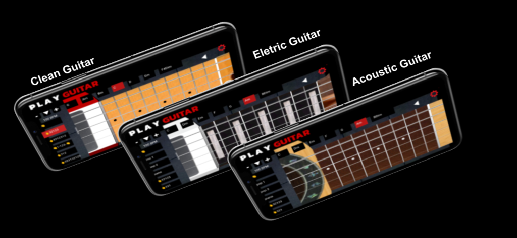 Play Guitar Acoustic Electric - Tres smartphones mostrando las interfaces limpias de guitarra eléctrica y acústica de la aplicación Play Guitar