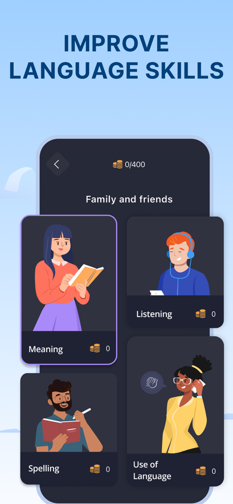 Interface of the 2Shine French language learning app displaying listening spelling and meaning exercises