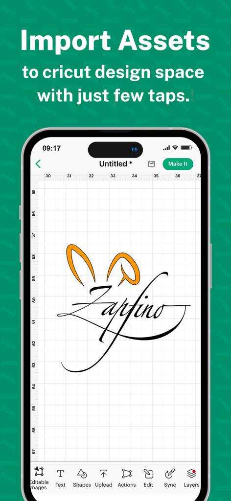 Interfaccia dell'app mobile che mostra un design di font corsivo ed elementi grafici pronti per l'importazione in Cricut Design Space.