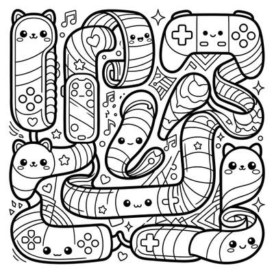 Dive into a world where gaming and music tech meet cuteness with this delightful Kawaii Ribbon Controllers coloring page. Featuring an array of charming designs, it's perfect for enthusiasts of all ages.