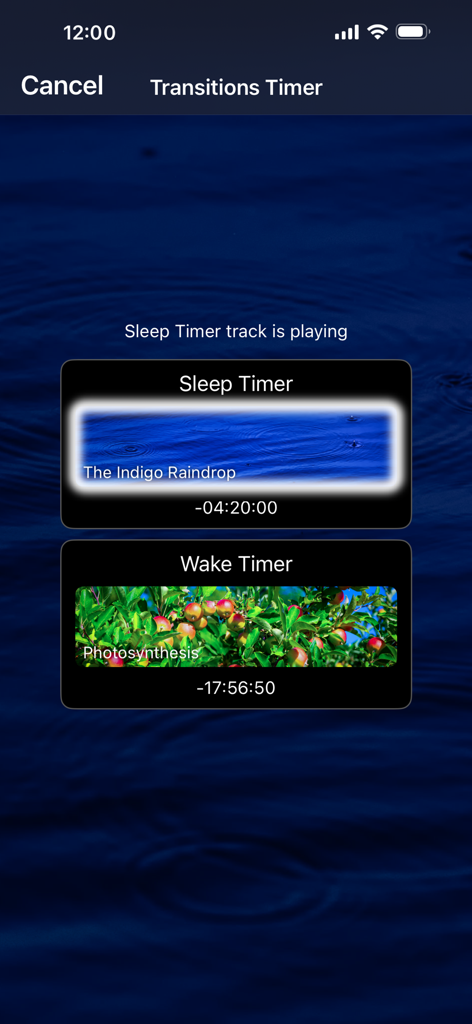 Naturespace Holographic Audio - Interface for setting sleep and wake timers with immersive nature sound tracks in the Naturespace app