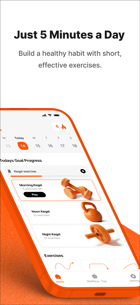 PelviX – Men’s Kegel & Health - PelviX App-Oberfläche, die eine tägliche fünfminütige Kegel-Übungsroutine für Männer mit Morgen-, Mittag- und Abendsitzungen zeigt.